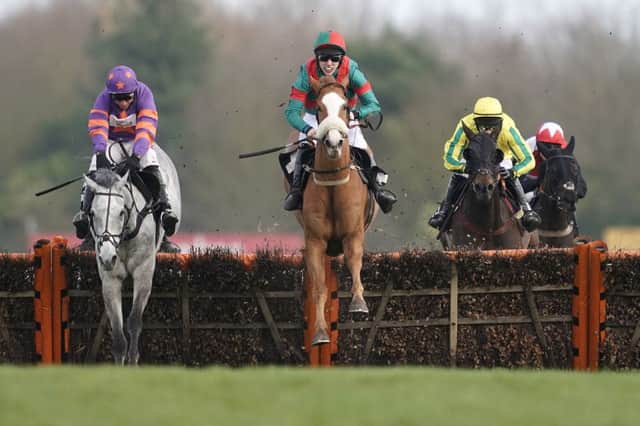 First Drift and Max Kendrick go clear at the last to win The Peter O'Sullevan Charitable Trust HOPE Programme Seniors' Handicap Hurdle at Newbury. Photo by Alan Crowhurst Getty Images