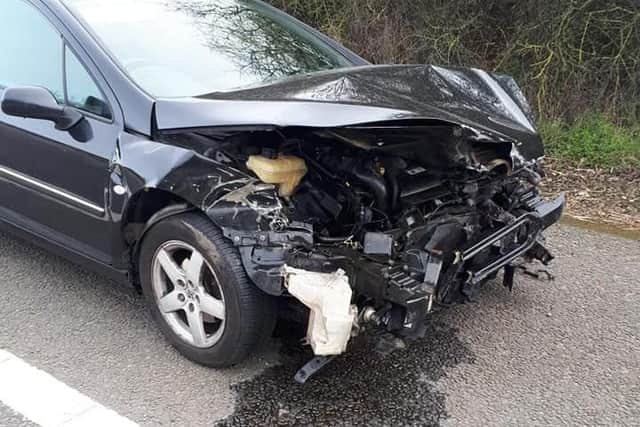 One of the damaged cars from the collision on the M40 northbound. Photo by OPU Warwickshire.