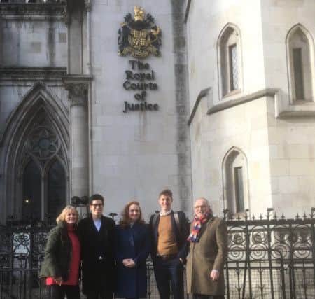 Roseanne Edwards, Leon Glenister, Samantha Broadfoot QC and Rowan Smith outside the High Court