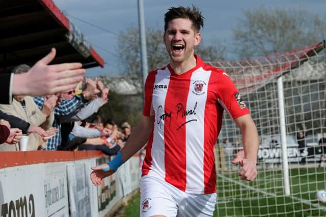 Brackley Town's James Armson celebrates after giving his side the lead against Kidderminster Harriers. Photo: Jake McNulty