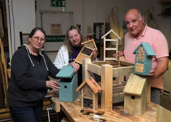Restore, Banbury, bug hotels and bird boxes. From the left, Rosemary Coles, member, Jacqui Vincent-Potter, co-ordinator and Paul Prichard, member. NNL-190326-152442009