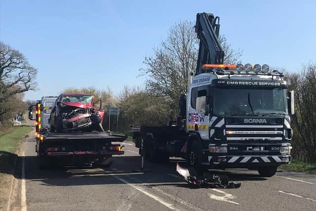 One of the vehicles involved in the crash being recovered. Photo: Northamptonshire Police
