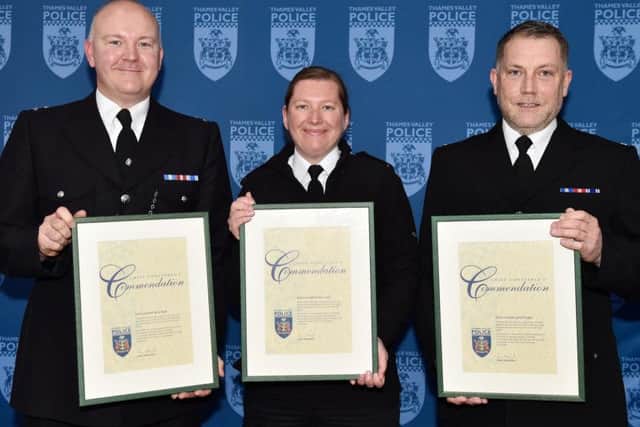 PCs Gavin Morgan, Evonne Letch and Barry Payne with their chief constable commendation certificates. Photo: Thames Valley Police
