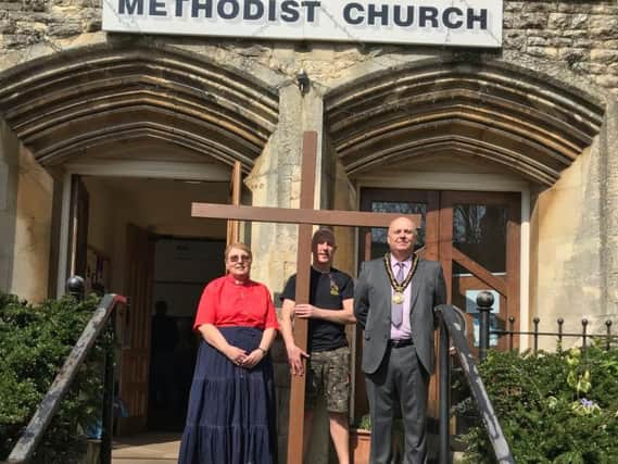 Brackley Mayor, Mark Morrell outside the Methodist Church with minister Rev Patricia Olivent-Hayes and Martin Goulder,