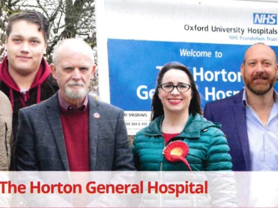 Perran Moon (far right) and Blue Watson (far left) photoshopped into the picture of Hannah Banfield and Phil Richards outside the Horton General Hospital