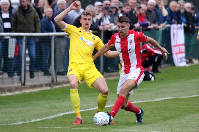 Brackley Town's Matt Lowe in action against Spennymoor Town at St James Park in the Vanarama National League North play-off semi-final. Photo: Steve Prouse