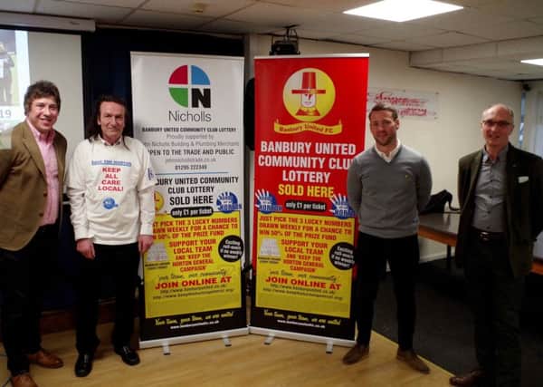 Mark Allitt, Keith Strangwood, Adam England and Martin Humphris at the Banbury United lottery launch NNL-191005-095824001