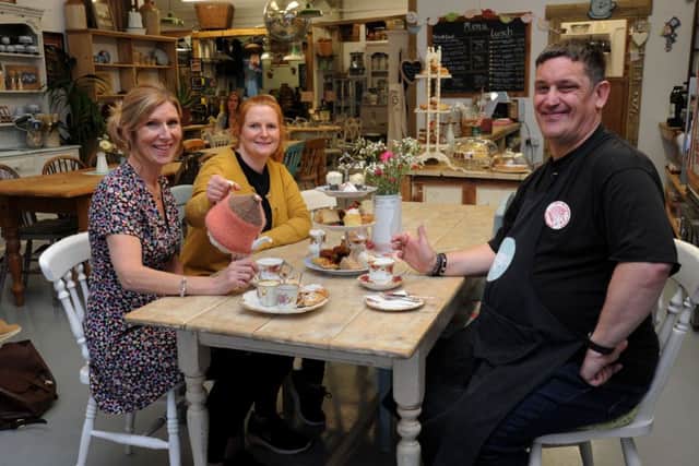 CuriosiTeas Cafe at Second Time Around, Banbury. From the left, Wendy Conlan, assistant Kate Ashfield and right hand man Adam Dykes