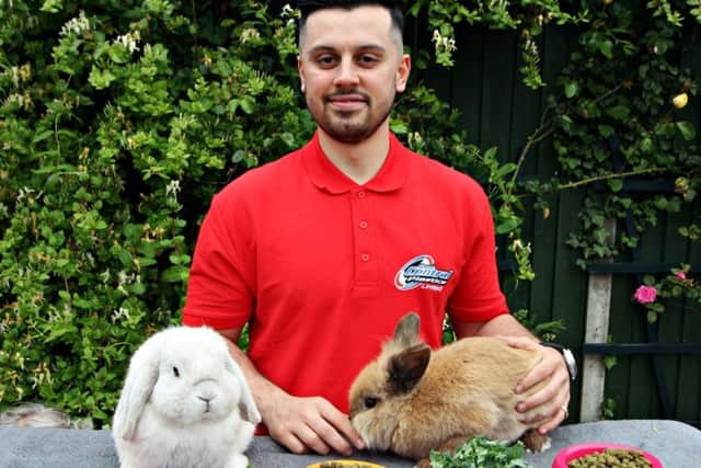 Kiron Phillips from Great Central Plastics with rabbits Oscar and Chip NNL-190618-152916001
