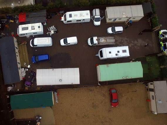 An aerial shot of the police raid at Dun Roamin Park near Whitfield in February 2018. Photo: Northamptonshire Police