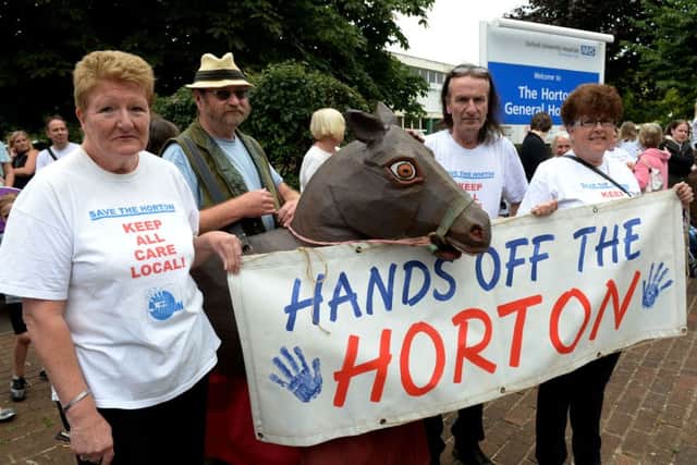 The Horton General Hospital campaigners, councillors and general public. L - r Charlotte Bird, Julian Procter and Horton the Hobby Horse, Keith Strangwood and Jan Bennett. NNL-160726-164445009