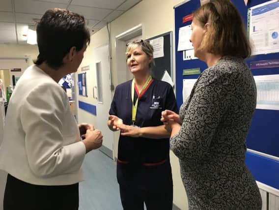 Health minister Jo Churchill talks with A&E matron Michelle Brock and Banbury MP Victoria Prentis
