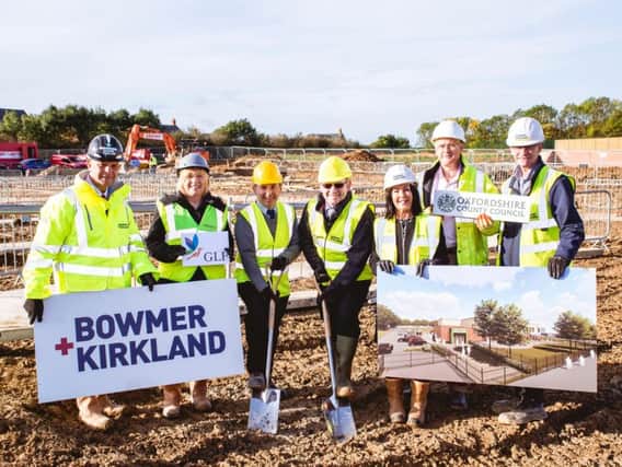 L-R Martyn Collier, site manager; Christine Adams, Ashberry Homes; Nick Murza, GLF Schools; Paul Almond, Cherwell District Council; Lindsey Davenport, Bellway; David Stear,  Ridge, employer agent and Andrew Bossons, BKBS contracts manager