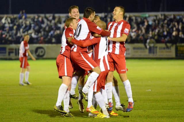 Brackley players celebrate taking the lead. Picture by Jake McNulty