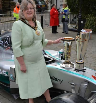 Mercedes F1 team parade in Brackley to celebrate their world championship. Mayor, Cllr. Elaine Wiltshire. NNL-140212-151900009