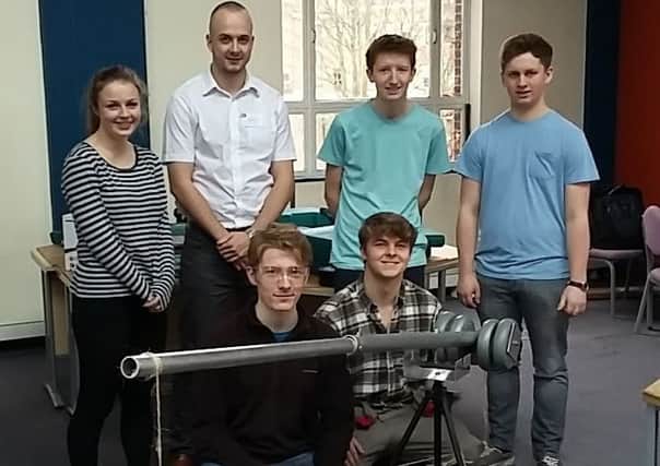 Kineton High School students on their STEM project - back from eft, Inca Hide-Wright, Jack Robinson from Severn Trent, Daniel Greasby , Ruari Allen; front,  Barnes Battison and Thomas Gilks