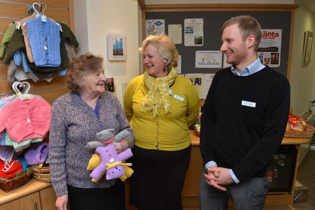 The Katharine House Hospice feature. From the left, Gwen Lovsey, volunteer, Moira Logie, head of fundraising and Chris Higgins, communications officer, in the reception shop. NNL-160202-182916009
