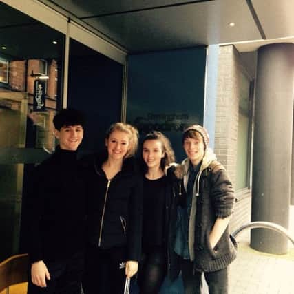 Conor Dowers, Jess Page, Lauren Bricknell and Alex Hardie pictured outside the theatre doors of the Birmingham Hippodrome NNL-161102-100750001