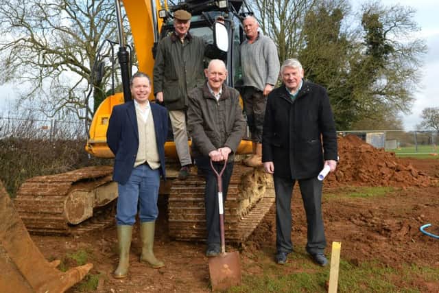 Sod cutting at the new Wroxton Sports Pavilion. Front, from the left, Cllr. Jon Daly, Wroxton PC, Tony Jarvis, sports club president and David McNaught, sports club treasurer and vice-chairman. Back, from the left, Michael Robarts, Wroxton PC chairman and Chris Jarvis, sports club committee. NNL-160223-171750009
