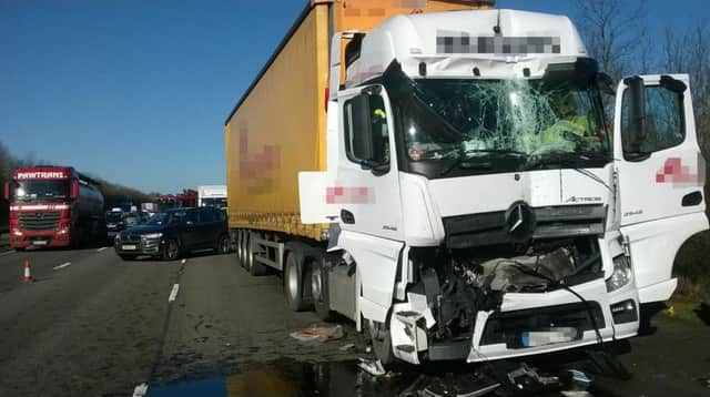 Two HGVs collided on the M40 between Gaydon and Banbury yesterday (Thursday). Picture by West Midlands Ambulance Service. NNL-160219-093228001