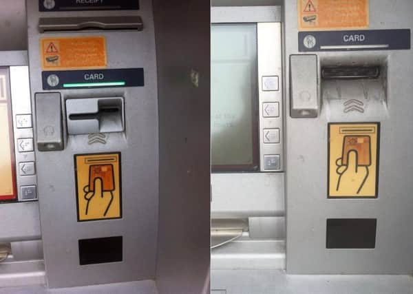 The skimming device in place (left) and the cashpoint with the fradulent device removed (right)