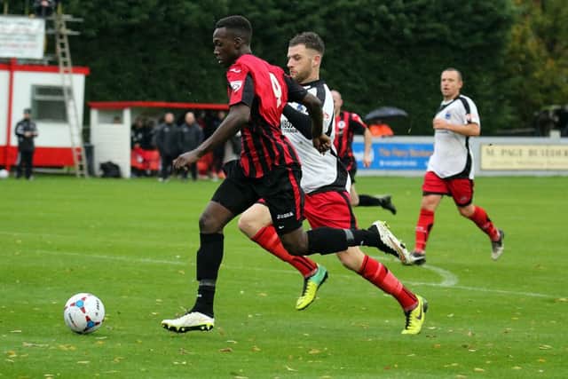 David Moyo twice went clsoe for Brackley Town at Gloucester City
