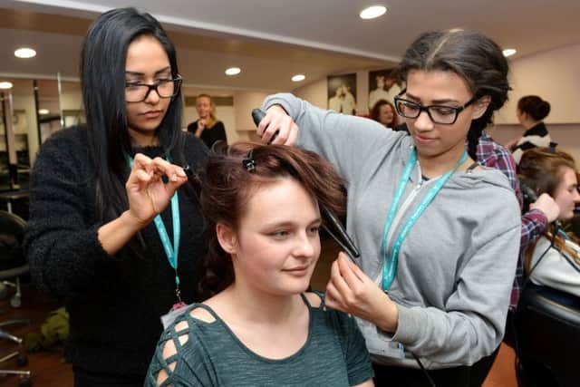 Avant-garde hairdressing session at Banbury and Bicester College. Stylists, Alisha Pariyar and Olivia Romain with model, Melissa Thornton. NNL-160419-144122009