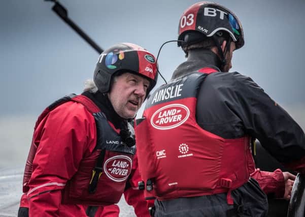 Prodrive chairman David Richards pictured with Ben Ainslie on the Land Rover BAR sailing boat which will be competing for the America's Cup. NNL-160305-120554001