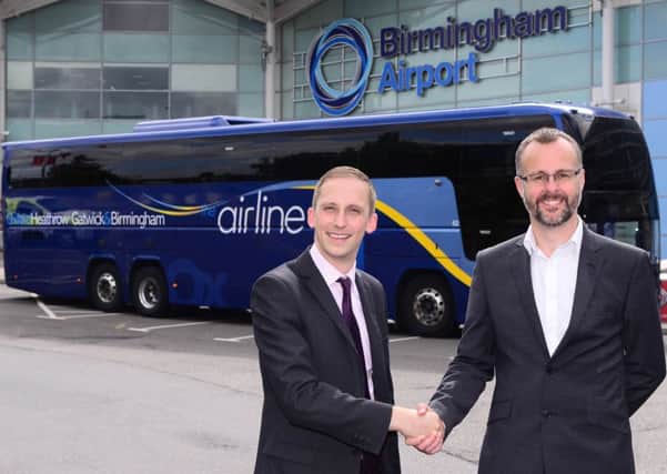 Luke Marion, Oxford Bus Company and Robert Eaton, Birmingham Airport, announce the new 'airline' Bus route NNL-160707-101924001