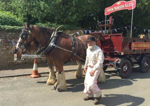 Working shire horses Nelson and Major pull the Hook Norton Brewery dray
