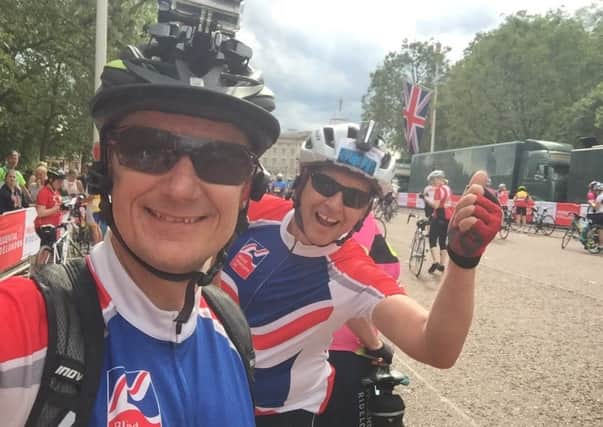 Cliff Burnett (left) and nick Jackson who took part in a 100 mile cycle race for Blind Veterans UK