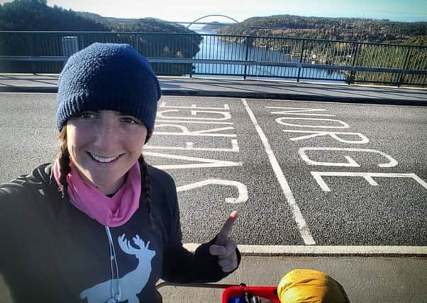 Sophie Rooney, who ran the 3,000km length of Scandinavia on the Norway to Sweden crossing. NNL-161115-171538001