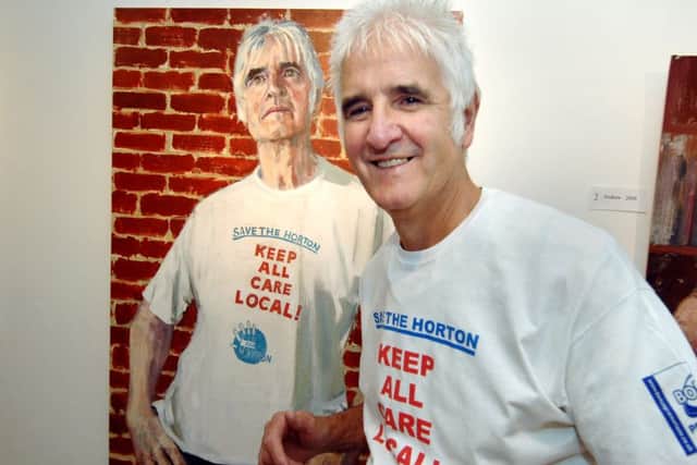 Artist and former GP Roger Shapley painted a portrait of George Parish in a 'Save the Horton' t-shirt, for an exhibition at Chippy Theatre. 091013E-B551