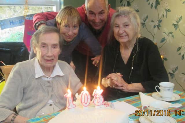 Ethel Shaine celebrates her 103rd birthday with daughter Joanne Amsel, son-in-law Martin, Bertie the sausage dog and friend Mikki Hollander NNL-160512-141007001