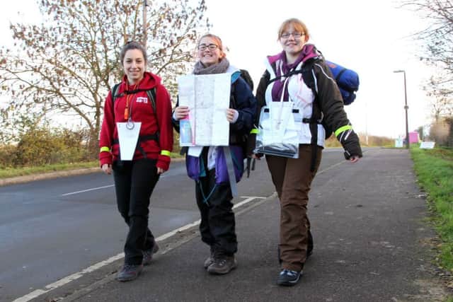 Tour de Trigs 50 mile hike starting at Warriner School in Bloxham. Pictured, "The Magnificent Happy Hikers" Alicia Discenza, Charlotte Robins and Georgina Harwood on their way in 2013 ENGNNL00920130712184911