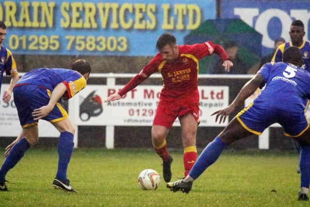 Banbury United striker Conor McDonagh works an opening against Hayes & Yeading United