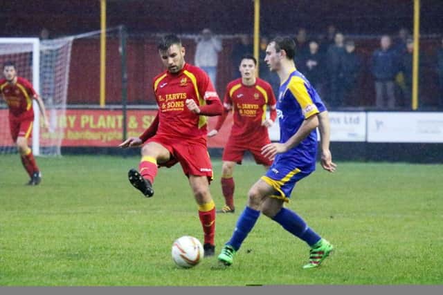 Banbury United's Conor McDongh closes down Hayes & Yeading United's Connor Toomey