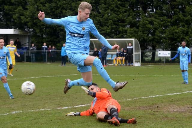 Ardley United's Jack Ross is denied by Oxford City Nomads keeper Christian Lawrence