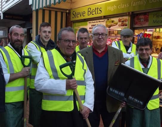 Banbury butcher Steve Betts with his staff and Cllr Kieron Mallon, leader of Banbury Town Council.