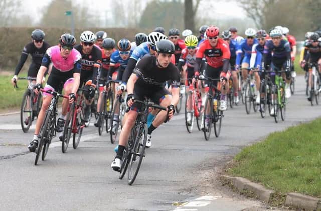 Jos Busby leads the field in the Spring Chicken road race. Photo: Richard Brain
