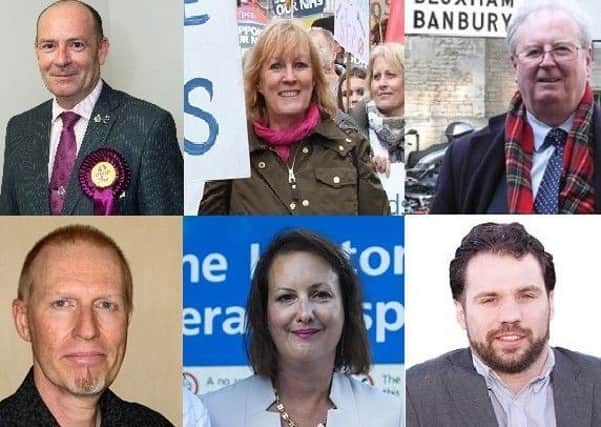 Candidates standing for north Oxfordshire in the 2017 general election. Clockwise, from top left, Dickie Bird (UKIP), Roseanne Edwards (Ind), John Howson (Lib Dem), Sean Woodcock (Lab), Victoria Prentis (Con) and Ian Middleton (Green). NNL-170516-172224001