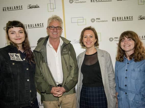 Melvin Benn launching his ReBalance plans with Lande Hekt from punk rock band Muncie Girls, PRS Foundation chief executive Vanessa Reed and Lucy Wood, also from Festival Republic.