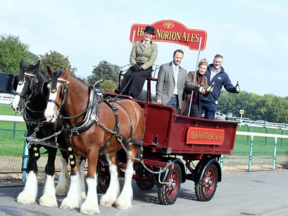 (L-R) Warwick Racecourse's business development executive team Elizabeth Csak, Andre Klein, Sheryl Caswell and Hook Norton Brewery marketing manager Mark Graham with the brewery's dray and shire horses Lucas and Nelson at the racecourse.