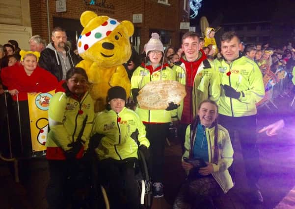 The One Show rickshaw challenge team with Pudsey after arriving in Banbury. Photo: BBC NNL-171115-092859001