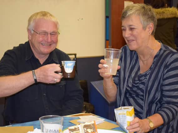Barry and Valerie Richards enjoy the complimentary tea and biscuits after the donation. Photo: NHS Blood and Transplant